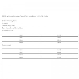 Classeur de charge à cliquet européen forgé, type G80, avec crochets de sécurité