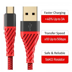 Câble USB 3.0, câble de type C USB, câble de chargement rapide Câble USB vers téléphone mobile pour Samsung Galaxy S8, S9 Plus, Note 8, LG v20, G6, G5, V30, Google Pixel 2 XL, Nexus 6-3 Pack Rouge