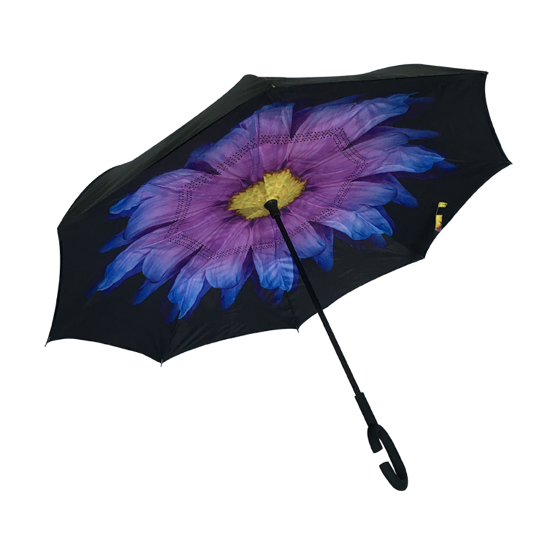 2019 parapluie automatique ouvert parapluie droit inversé avec impression de fleurs