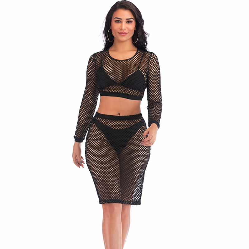 Sexy noir maillé manches longues encolure ronde Crop Top u0026 jupe vêtements de nuit Lingerie Ensemble N18973