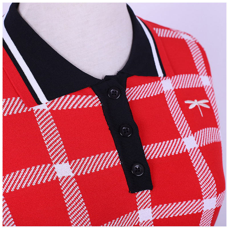 Design personnalisé col polo manches courtes contraste couleurs plaids bureau dames pull robe en tricot