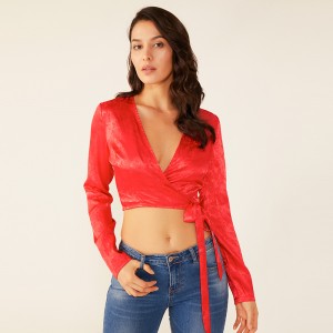 Femmes dames casual été cravate rouge sexy imprimé floral blouse top vêtements oem