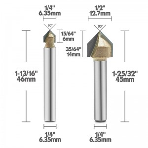 Fraise à rainurer en V à 90 degrés, fraise-graveur CNC à 2 dents, emboutoir en carbure titane, coupe en biseau chanfrein, tige de 1/4 po