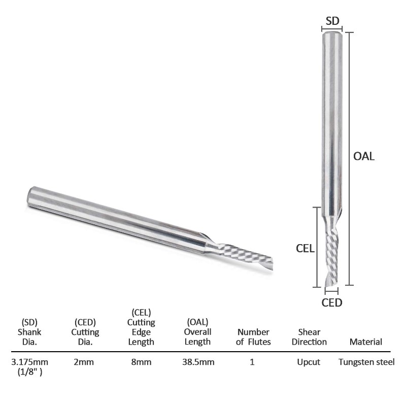 Mèches de toupie CNC, Fraise de coupe ascendante spirale à queue de 1/8 po 1 Fraise en bout de cannelure Fraise 2mm Coupant un outil de gravure en acier au tungstène à cannelures 8mm CEL, OAL de 38.5mm pour PVC acrylique en MDF