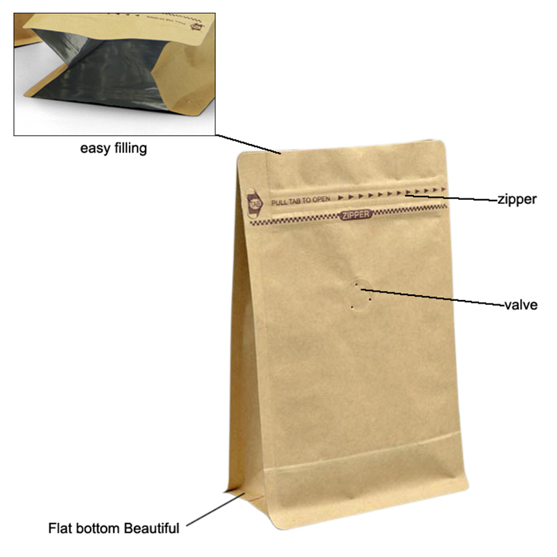 Personnalisé carré plat bloc base en papier kraft côté gousset sac en plastique avec poche à fermeture éclair forme poche sac d'emballage de fond plat
