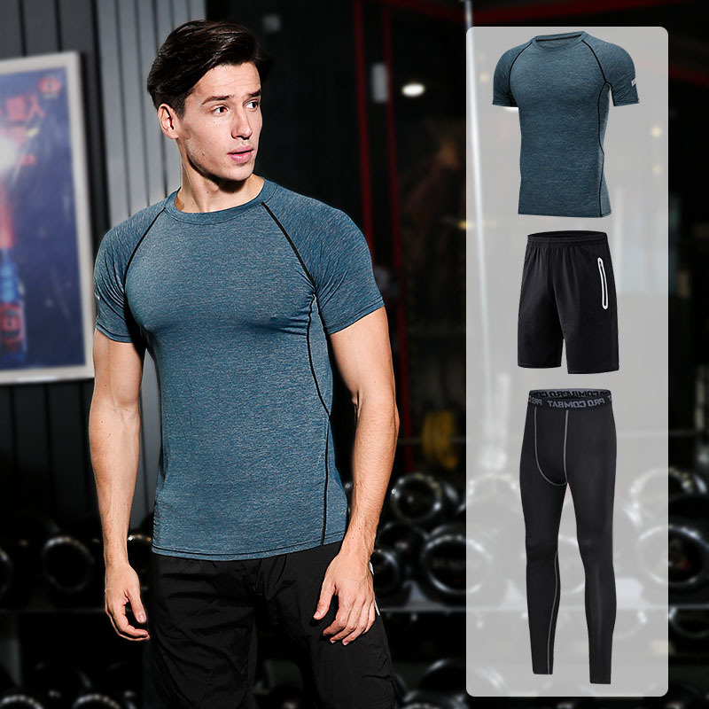 FDMM003-3 costume de fitness, t-shirt + short ample + pantalon moulant pour la course à pied