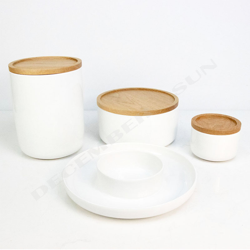 Accessoires de cuisine en gros en céramique avec couvercle en bois