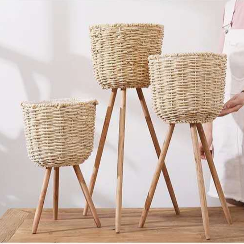 Lot de 3 nouveaux pots de fleurs en paille design avec cadre