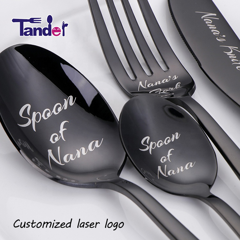 Laser personnalisé votre nom logo texte en acier inoxydable ustensiles ensemble cuillère à fourchette