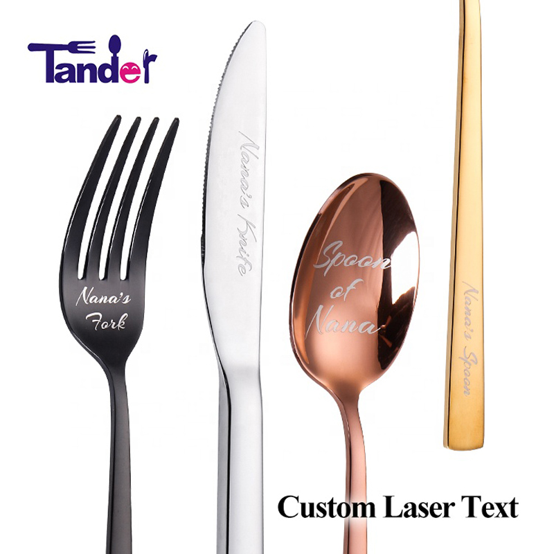 Laser personnalisé votre nom logo texte en acier inoxydable ustensiles ensemble cuillère à fourchette