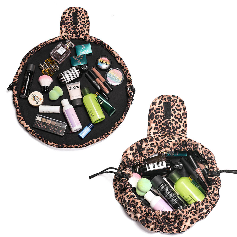 Trousse de maquillage paresseuse / Trousse de maquillage à cordon / Trousse de toilette / Trousse de voyage de grande capacité / Organisateur de maquillage pour femmes et filles - Léopard…