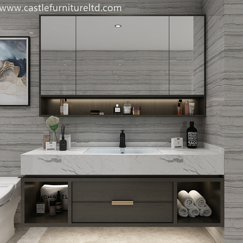 Combinaison de meuble de salle de bain en chêne Nordique simple armoire en bois massif salle de bain miroir intelligent salle de bain lavage gargarisme stade lavabo en marbre