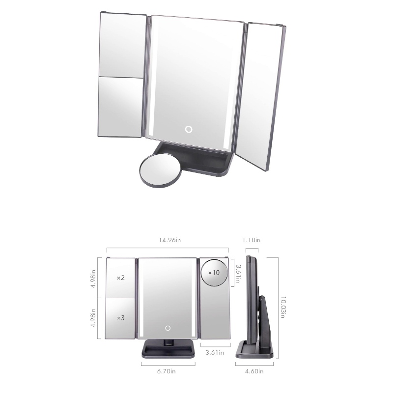 BEALUXUR Miroir de maquillage à trois volets éclairé, LED pliant 1X 2X 3X 10X Commutateur d'écran tactile de miroir de maquillage grossissant, double alimentation, rotation de 180 degrés