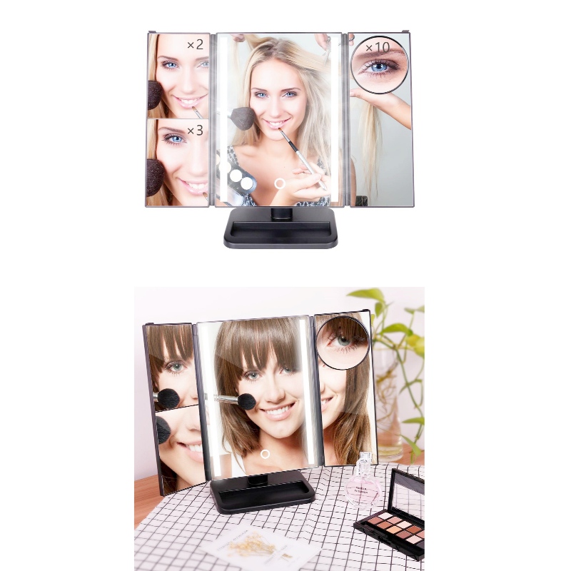 BEALUXUR Miroir de maquillage à trois volets éclairé, LED pliant 1X 2X 3X 10X Commutateur d'écran tactile de miroir de maquillage grossissant, double alimentation, rotation de 180 degrés