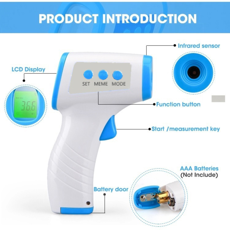 Pistolet thermomètre frontal infrarouge sans connexion médicale numérique pour adulte, pour bébé, pour la fièvre, avec CE / FDA / FCC