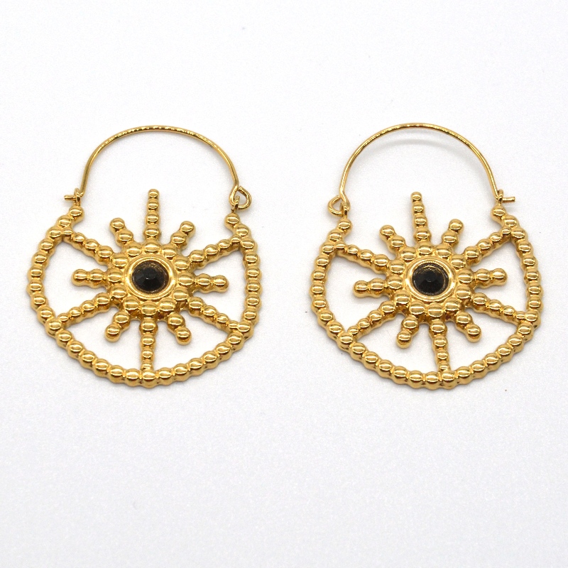 Bijoux plaqués or pour femmes de style bohème vintage boucles d'oreilles en agate noire florale Chine Ruifanbao usine de traitement de bijoux