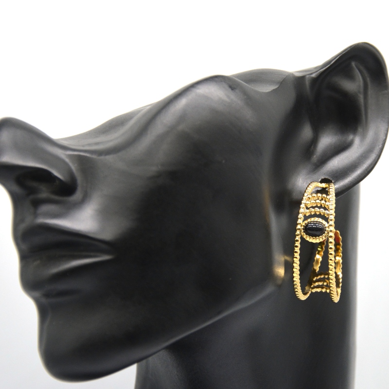 Boucles d'oreilles en or, boucles d'oreilles en forme de C, agate noire, oreilles sensibles féminines, bijoux hypoallergéniques, usine de transformation de bijoux en Chine Ruifanbao