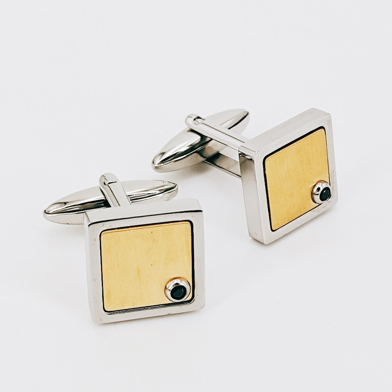 Boutons de manchette pour homme en acier inoxydable plaqué or bicolore Pierre CZ noire