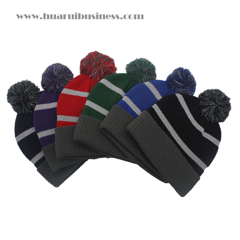 Bonnet à revers en acrylique, chapeau, tuque, unisexe, bonnet d'hiver avec pompon avec bandes réfléchissantes