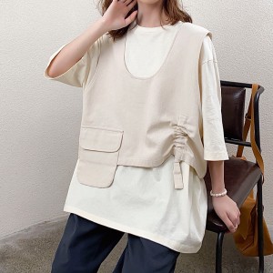 Coupe ample Style minimaliste à col rond Style de manches cousues Décontracté Surdimensionné en coton et lin de couleur unie sur mesure 19527 T-shirts + gilets