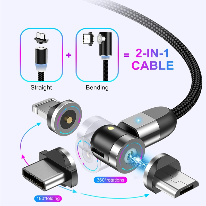 2nd Gen 540 Rotation Micro USB Type C Câble de chargement magnétique Nylon tressé Magnétique Chargement rapide du câble USB
