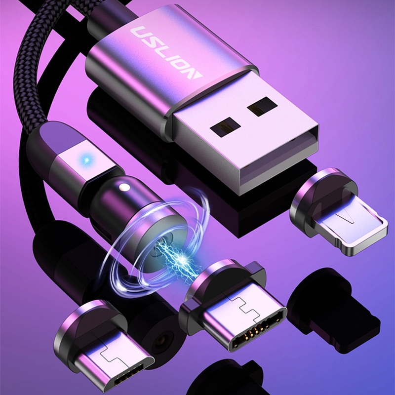 2nd Gen 540 Rotation Micro USB Type C Câble de chargement magnétique Nylon tressé Magnétique Chargement rapide du câble USB
