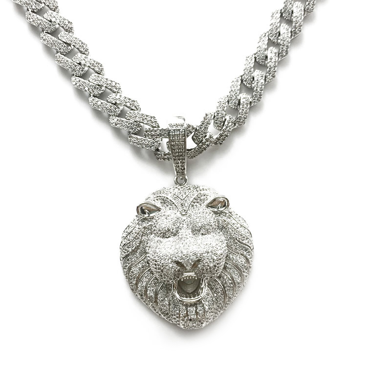Véritable pendentif à la tête de lion de hip-hop personnalisé avec collier à chaîne cubaine