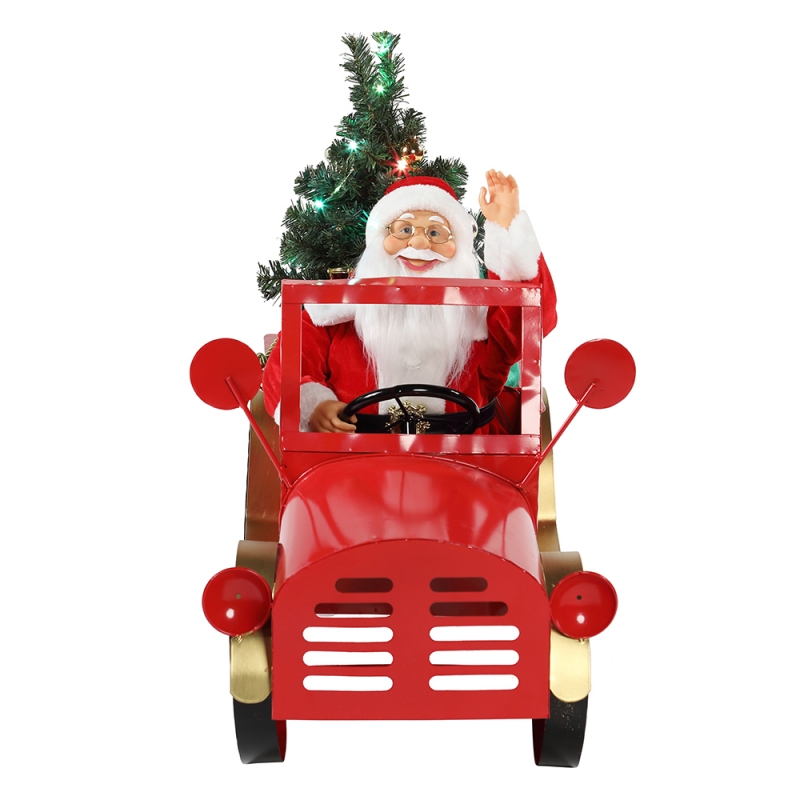 160cm Musical Animated Santa Claus assis sur camion Ornements de Noël Collection Décoration de vacances Figurine AC Adaptateur secteur
