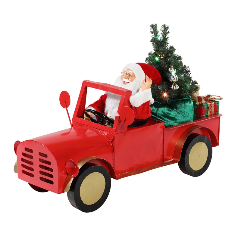 160cm Musical Animated Santa Claus assis sur camion Ornements de Noël Collection Décoration de vacances Figurine AC Adaptateur secteur