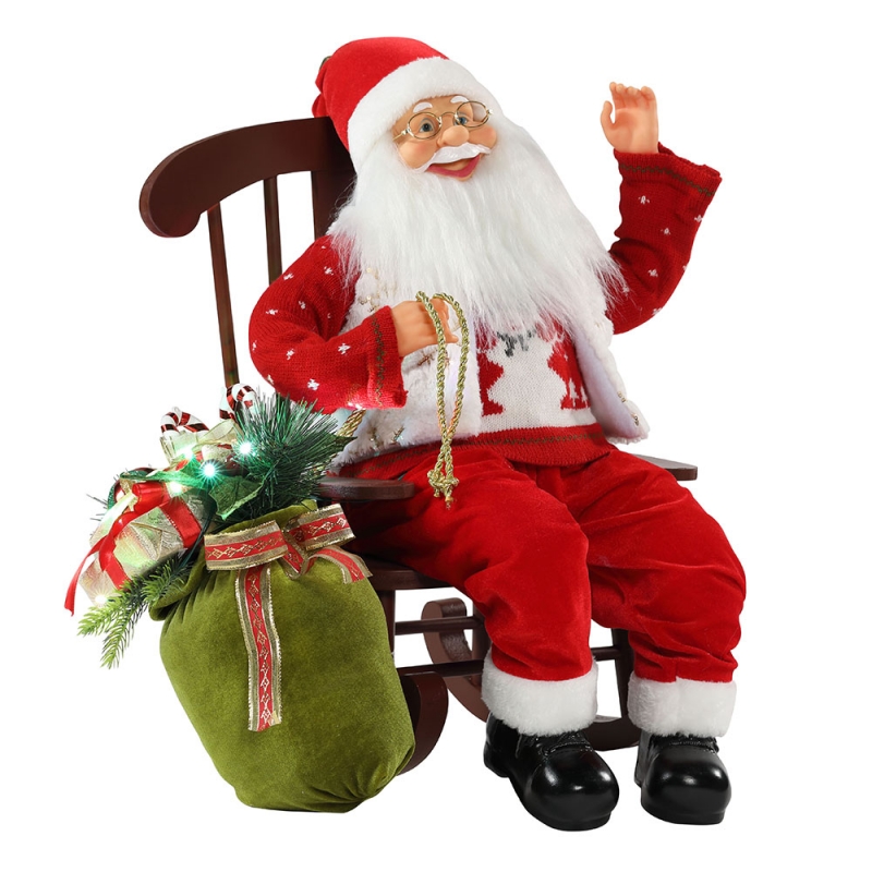 Chaise 55cm Animée Père Noël avec ornement de Noël Light Christmas Figurine Décoration de Noël Poupées de Noël Collection de vacances Maison Cadeaux