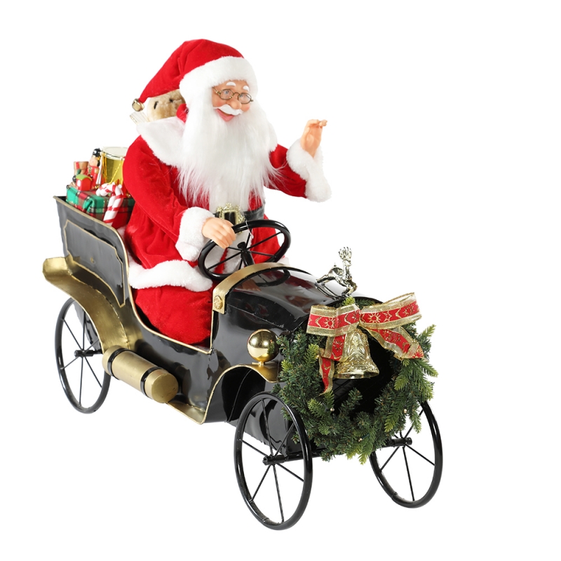 80cm Animated Noël voiture Noël Claus avec éclairage Ornement musical Décoration Figurine Figurine Collection Traditionnelle Noël
