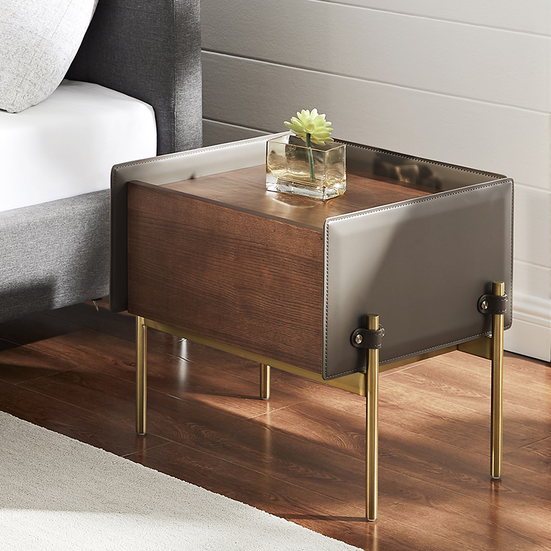 Table de chevet moderne Table de chevet en cuir en bois minimaliste en boisnaturel avec jambe en acier inoxydable