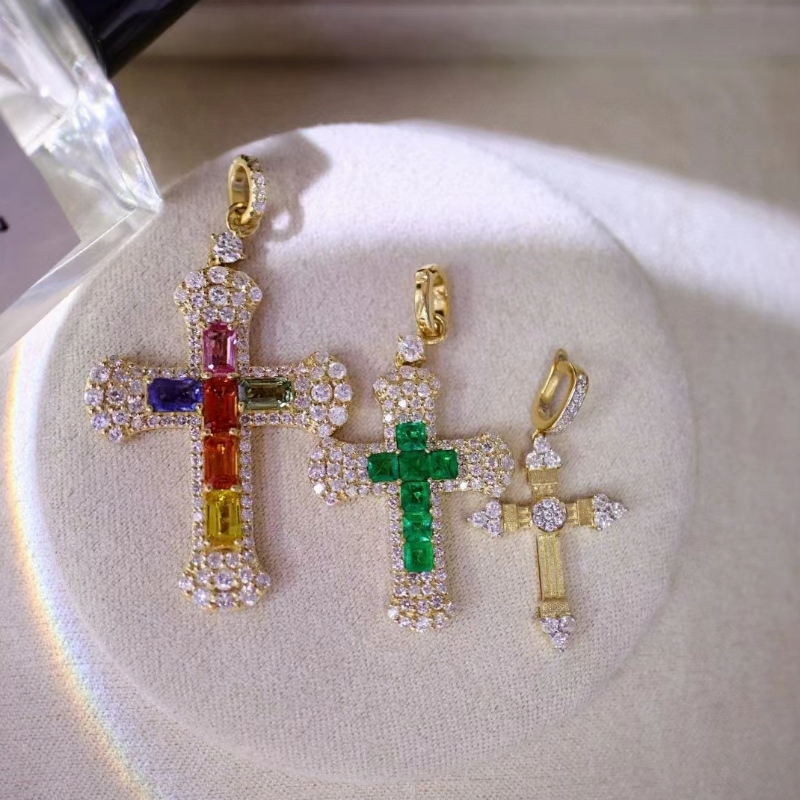 Bijoux tuochen Nouveau design18k/14k/10k or avec un pendentif croix en pierre de couleurnaturelle