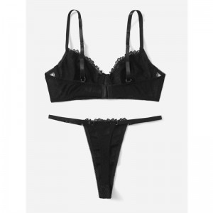 Black Frills Trim Lace Lingerie Ensemble avec un string de dentelle sexy