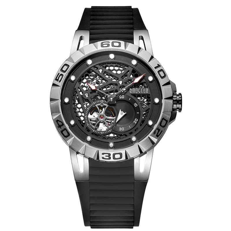 Baogela New Top Brand Luxury Men's Watches Skeleton Automatic Mechanical Watch for Men Imperproof-Wristwatch 6772 Black