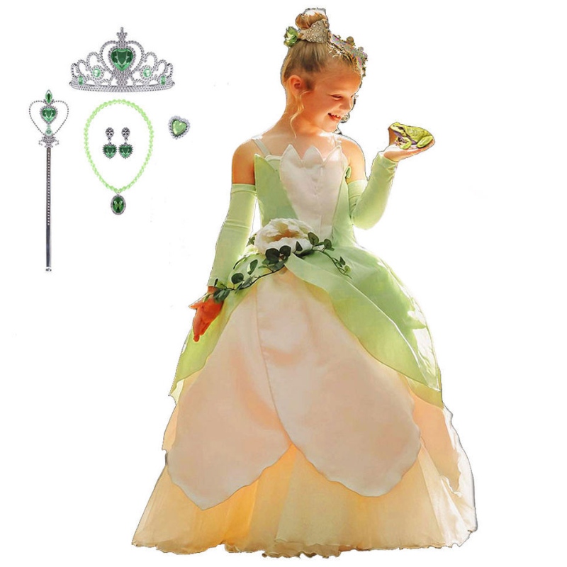 The Frog Princess Costume for Kids Girls Tiana Movie Cosplay Carnival Dress Up Princess Role Playing Robes