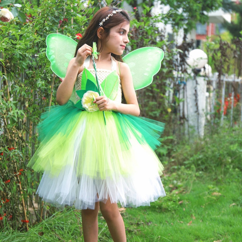 Halloween Cosplay Princess Baby Girls Party Green Flower Fairy Bell Bell Robe Elf Costume avec des ailes papillon