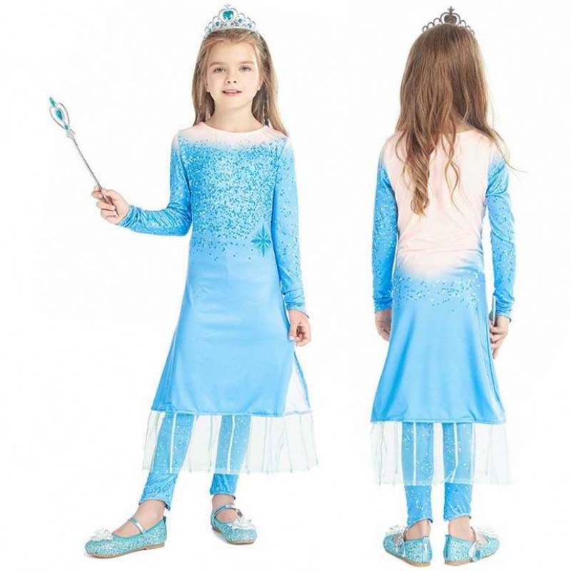 Princess Fancy Little Girls Long Dress Pants 2pcs Elsa Dress Cosplay avec accessoires HCGD-021