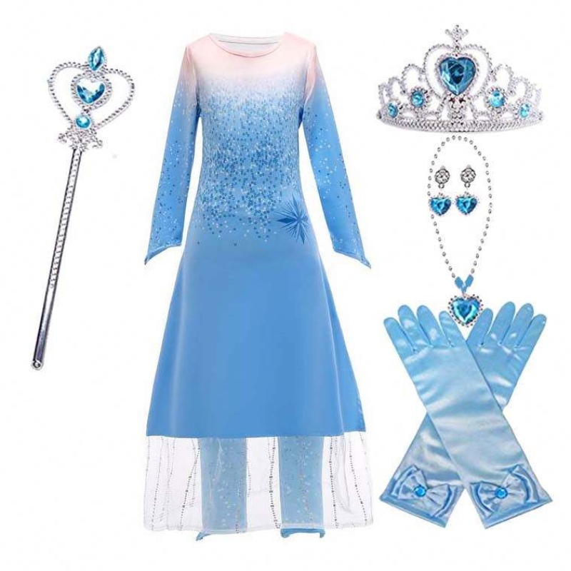 Princess Fancy Little Girls Long Dress Pants 2pcs Elsa Dress Cosplay avec accessoires HCGD-021