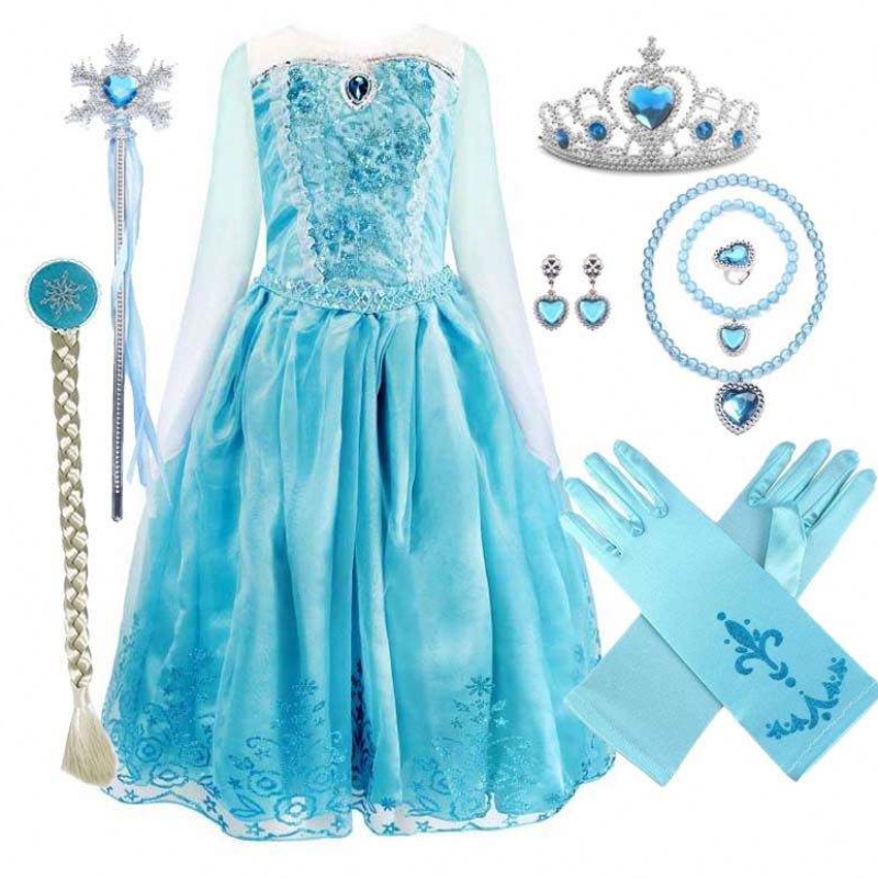 Children d'anniversaire Pageant Cosplay 2-10y Sequin Blue à manches longues Halloween Princesse Elsa Dress Cosplay HCGD-039