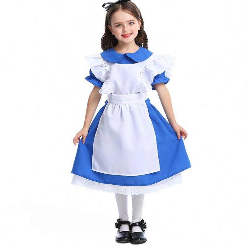 Girls Halloween Ruffle Trim Tie à la taille Blue Alice au pays des merveilles Cosplay Kids with White Tabre 4-12 ans DGHC-070