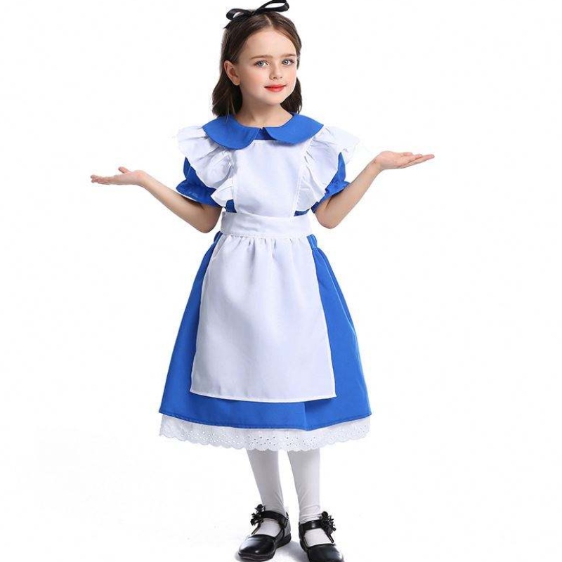 Girls Halloween Ruffle Trim Tie à la taille Blue Alice au pays des merveilles Cosplay Kids with White Tabre 4-12 ans DGHC-070