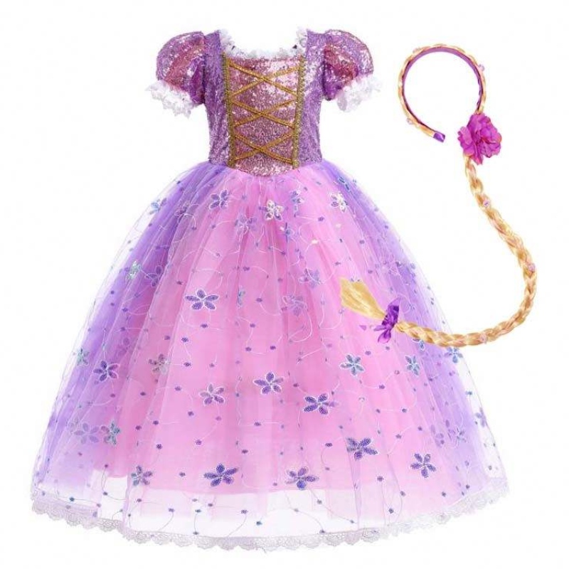 Girls Princess Costume Rapunzel Puff Sleeve Sequin Cosplay Robe Purple avec des accessoires HCRS-007
