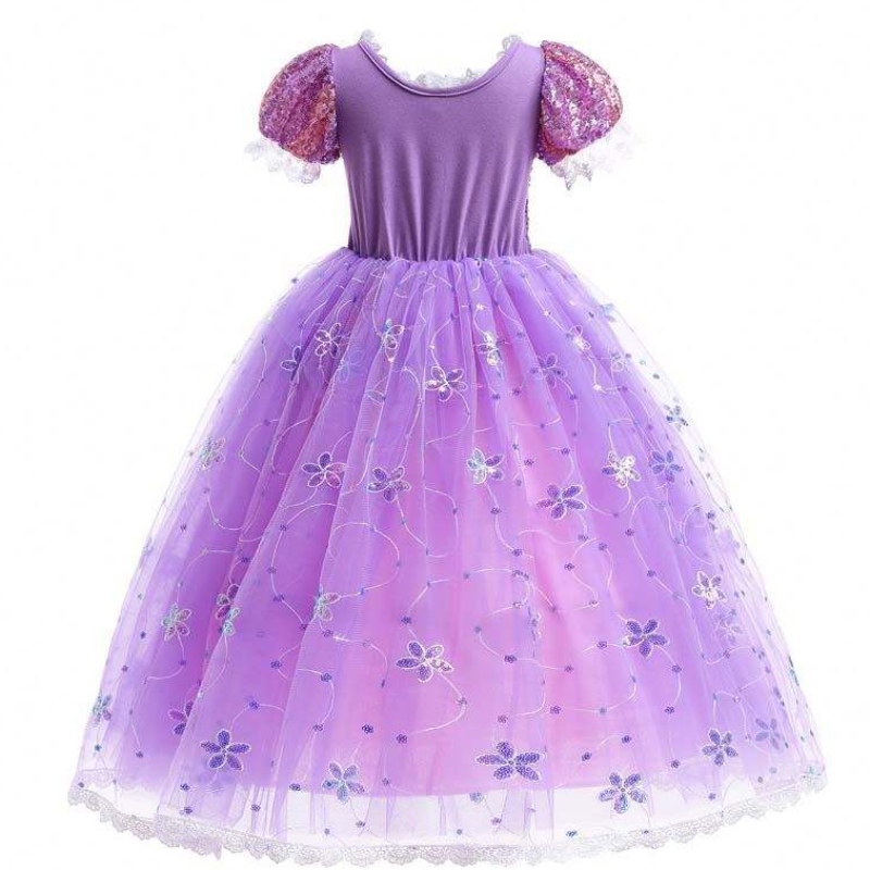 Girls Princess Costume Rapunzel Puff Sleeve Sequin Cosplay Robe Purple avec des accessoires HCRS-007