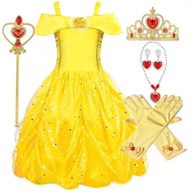 Fancy Halloween Noël anniversaire fête carnaval jaune ballgown princesse robe petite fille belle robes hcbl-007