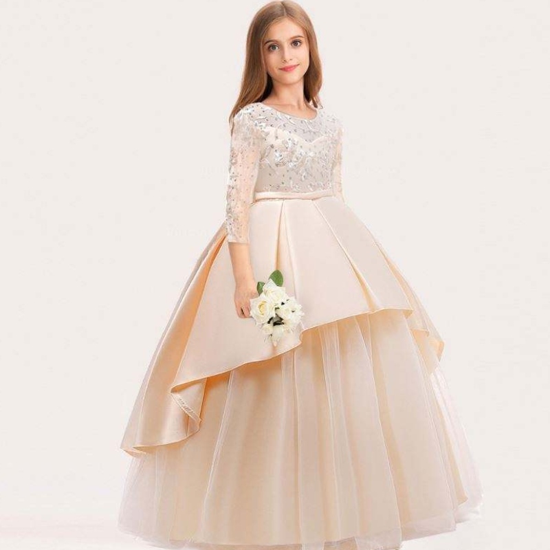 Boutique manches longues princesse robes de soirée bébé fille d'anniversaire robe de fête de mariage avec fleurs lp-233