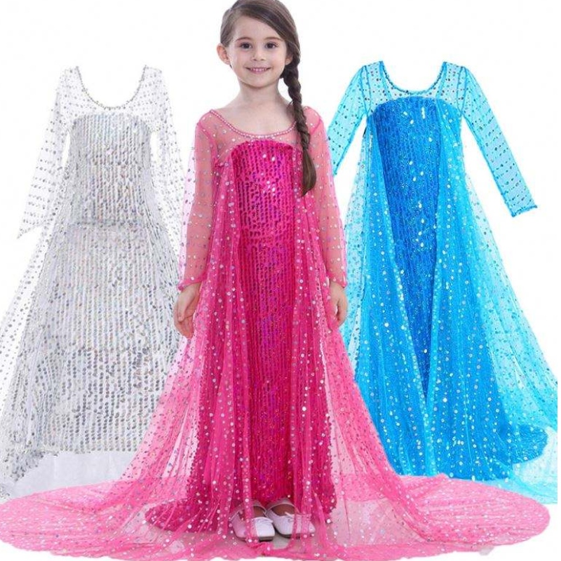 Elsa Dress Kids Girls Costume Snow Queen 2 Elsa Blue Pink Semened Long Manches Robe TV&Costumes de films pour les filles
