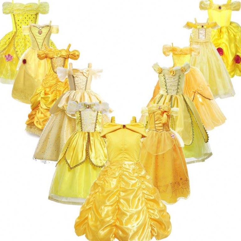 Filles belle princesse robe enfants belle cosplay costumes bébé fille robe robe robes de fantaisie jaune pour la fête d'Halloween pour tout-petit