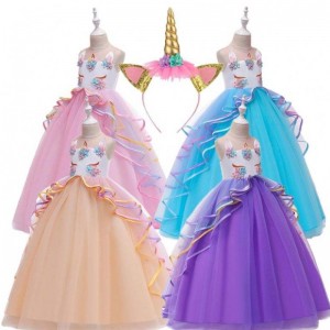 Baige 3-15 ans Girl Unicorn Party Robes Ruffles pour enfants Vêtements Costume Robe de fête d\'anniversaire