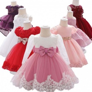 3-24 mois en dentelle à manches longues Vêtements d\'enfants premier anniversaire robe de fête de fleur mignonne